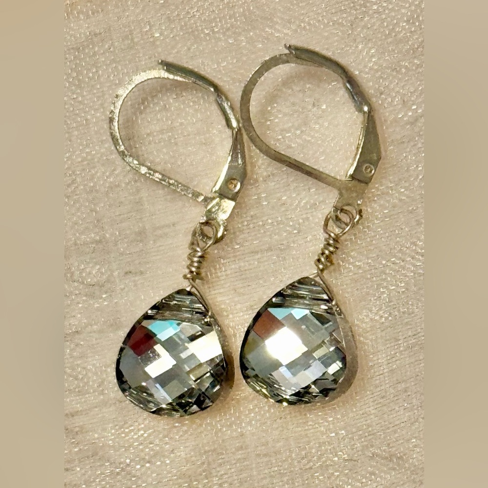 Earrings - sterling silver leverback dangle mirror-back faceted - Picture 2 of 8